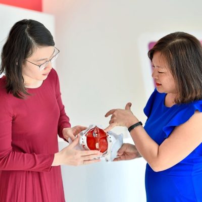 Teoh (L) and Dr Hoo showing where a woman's pelvic floor muscles are located. - RAJA FAISAL HISHAN/The Star